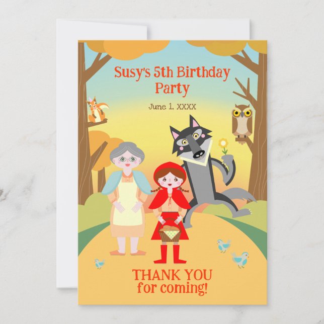 Red Riding Hood Girl Birthday Party Thank You Card (Front)