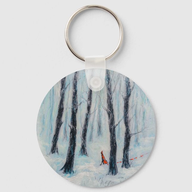 Red Riding Hood-like figure in a winter forest Key Ring (Front)