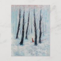 Red Riding Hood-like figure in a winter forest