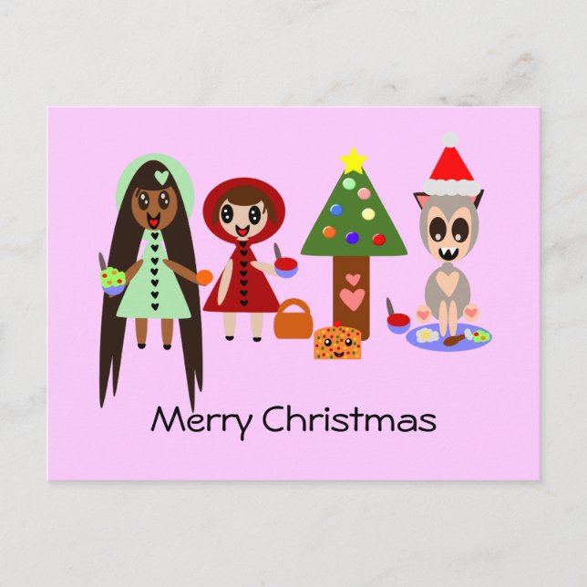 Red Riding Hood, Rapunzel at the Christmas Party Holiday Postcard (Front)