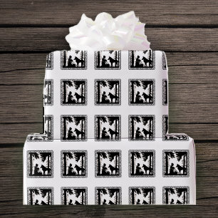 Red Riding Hood Wolf in Forest Black White Wrapping Paper