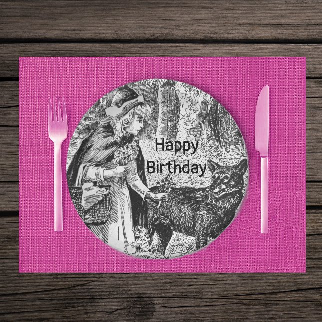 Red Riding Hood Wolf Wood Birthday Black White Paper Plate (Black White Little Red Riding Hood wolf in woods on Birthday paper party plates.)