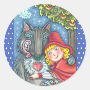 RED RIDING HOOD, WOLVES NEED HUGS TOO VALENTINE CLASSIC ROUND STICKER