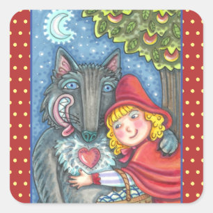 RED RIDING HOOD, WOLVES NEED HUGS TOO VALENTINE SQUARE STICKER