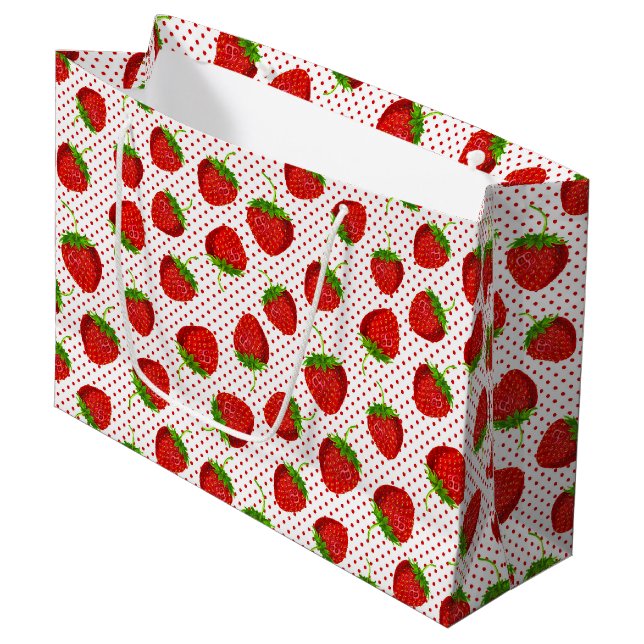 Red Ripe Strawberry and Dots Pattern  Large Gift Bag (Front Angled)
