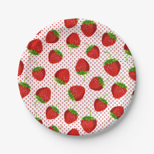 Red Ripe Strawberry and Dots Pattern Paper Plate