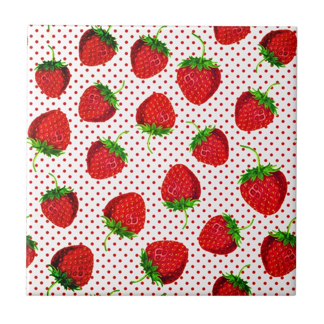 Red Ripe Strawberry and Dots Pattern  Tile (Front)