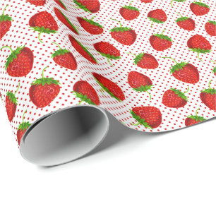 Red Ripe Strawberry and Dots Pattern Wrapping Paper