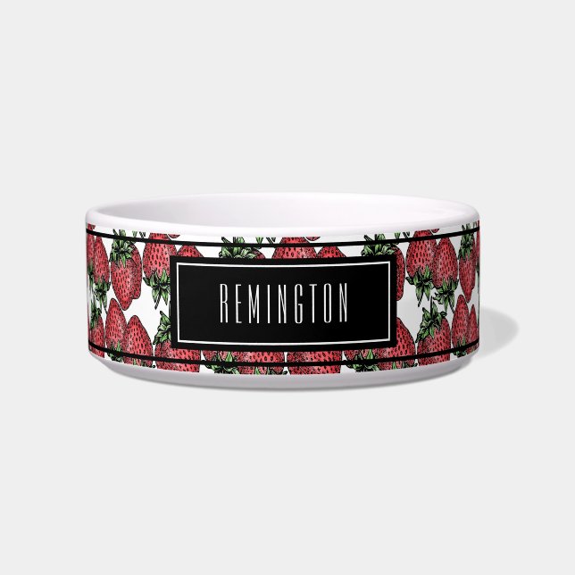 Red Ripe Strawberry Pattern Custom Pet Name  Bowl (Front)