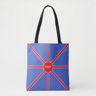 Red rising sun rays on blue tote bag