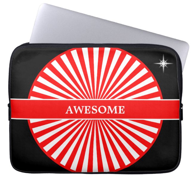 Red rising sun rays on white & black laptop sleeve (Front)