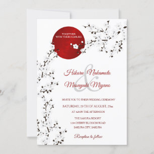 Red Rising Sun White Cherry Blossom   Wedding Invitation