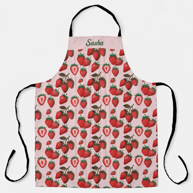 Red Risograph Strawberries & Stripes Custom Name  Apron (Front)