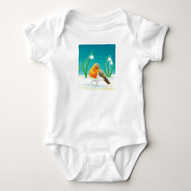 Red Robin and snowdrops Baby Bodysuit (Front)