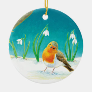 Red Robin Bird and Snowdrops Illustration  Ceramic Tree Decoration