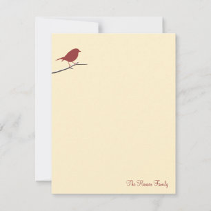 Red robin bird branch cream beige thank you note card