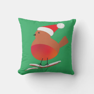 RED ROBIN BIRD CHRISTMAS THROW PILLOW