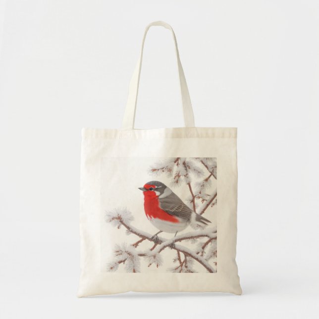 Red Robin Bird in Snow Tote Bag (Front)