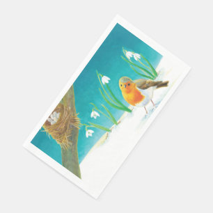 Red Robin Bird & Snowdrops Illustration Napkin