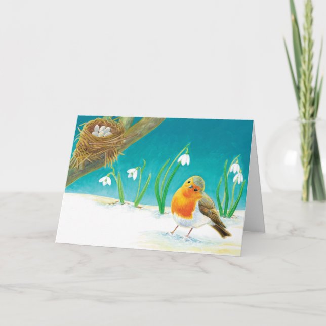 Red Robin Bird & Spring Snowdrops Illustration  Holiday Card (Front)