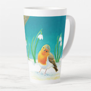 Red Robin Bird & Spring Snowdrops Illustration   Latte Mug