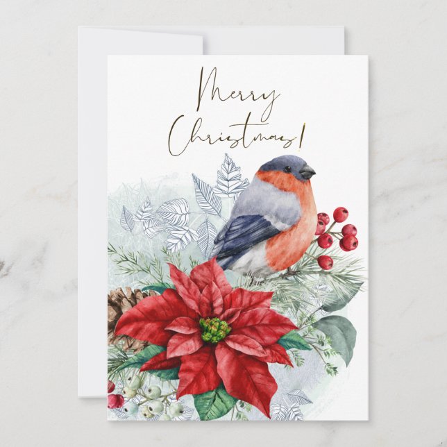 Red Robin Bird Watercolor Winter Christmas Holiday Card (Front)