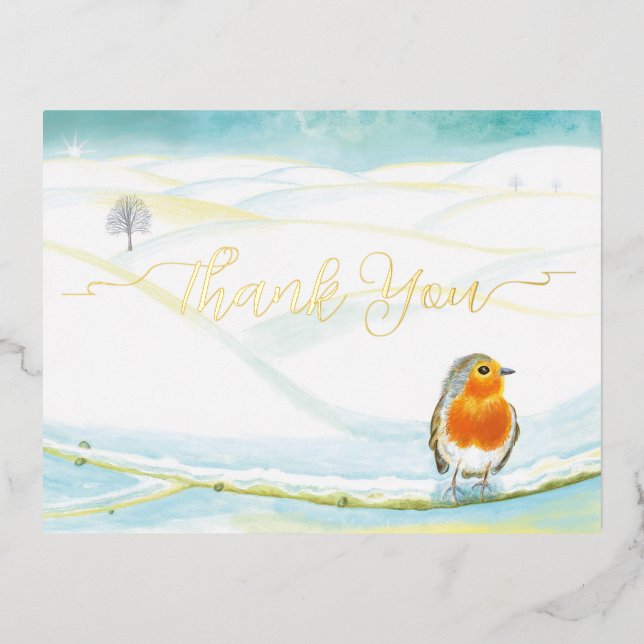 Red Robin Bird & Winter Illustration Thank You Foil Holiday Postcard (Front)