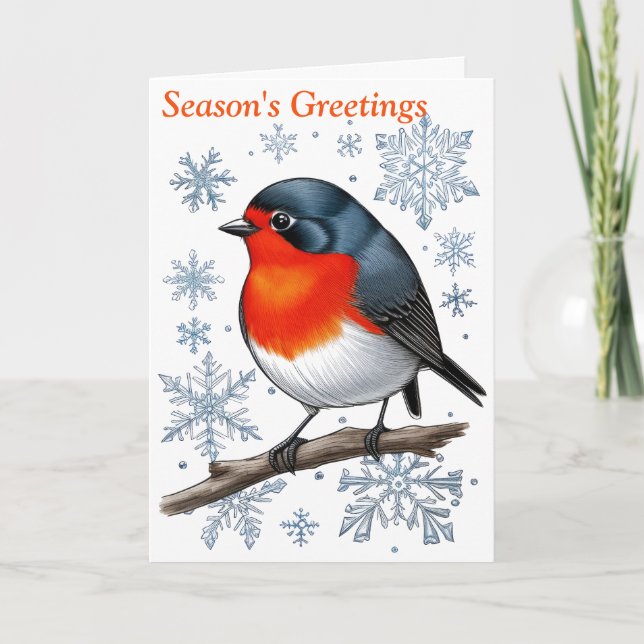 Red Robin Bird with Snowflakes Holiday Card (Front)
