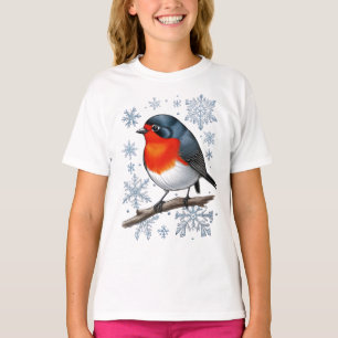 Red Robin Bird with Snowflakes T-Shirt