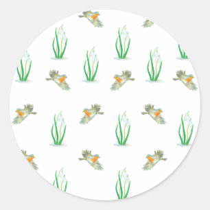 Red Robin Birds and Snowdrops spring pattern  Classic Round Sticker