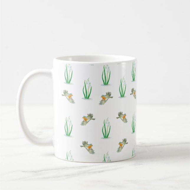 Red Robin Birds and Snowdrops spring pattern   Coffee Mug (Left)