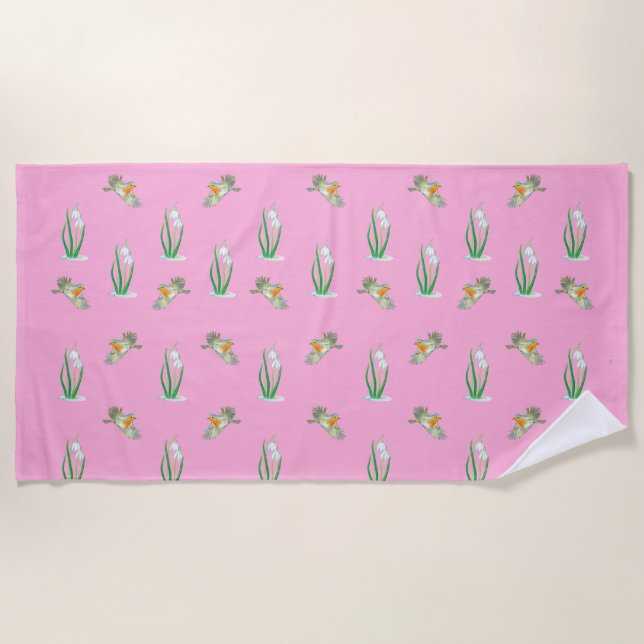 Red Robin Birds and Snowdrops Spring Pattern Pink  Beach Towel (Front)