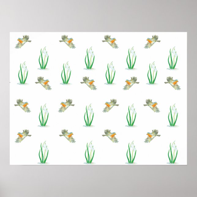 Red Robin Birds and Snowdrops spring pattern   Poster (Front)