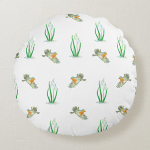 Red Robin Birds and Snowdrops spring pattern Round Cushion