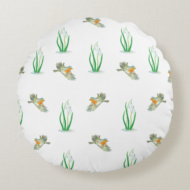 Red Robin Birds and Snowdrops spring pattern  Round Cushion (Front)