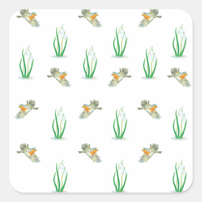 Red Robin Birds and Snowdrops spring pattern  Square Sticker (Front)