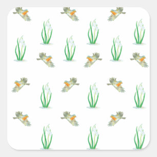 Red Robin Birds and Snowdrops spring pattern Square Sticker