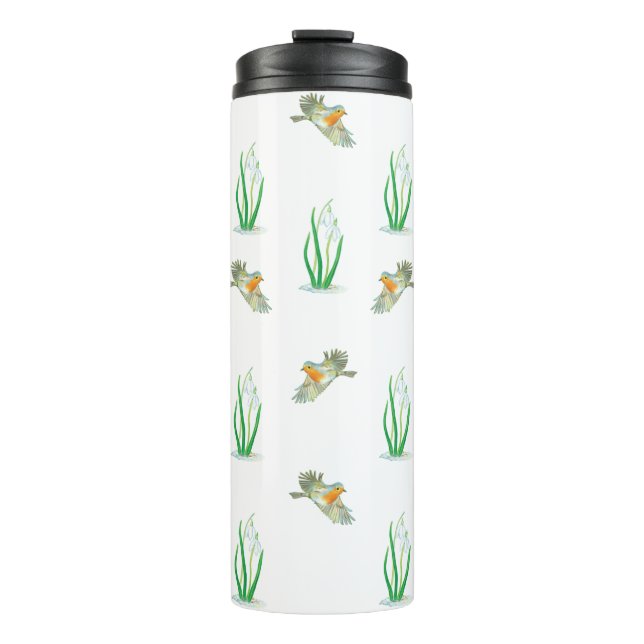 Red Robin Birds and Snowdrops spring pattern  Thermal Tumbler (Front)