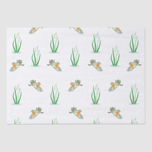 Red Robin Birds and Snowdrops spring pattern  Tissue Paper (Front)