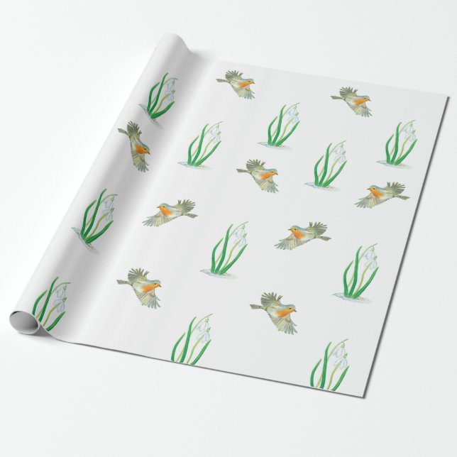 Red Robin Birds and Snowdrops spring pattern Wrapping Paper (Unrolled)