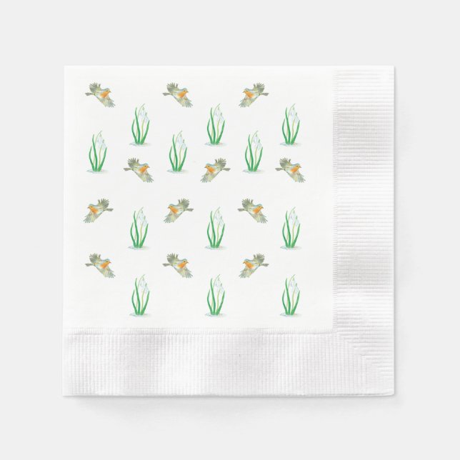 Red Robin Birds & Snowdrops Playful Spring Pattern Napkin (Front)
