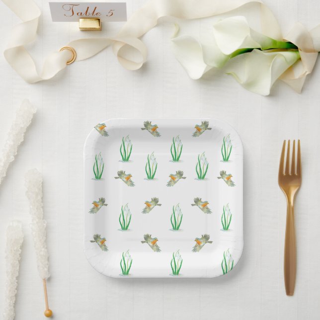 Red Robin Birds & Snowdrops Playful Spring Pattern Paper Plate (Wedding)