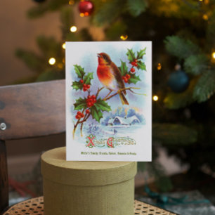 Red Robin Christmas Holly Vintage Greeting Text Invitation