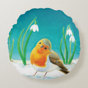Red Robin (Erithacus rubecula) Early Spring Round Cushion