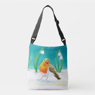 Red Robin (Erithacus rubecula) & Spring Snowdrops Crossbody Bag