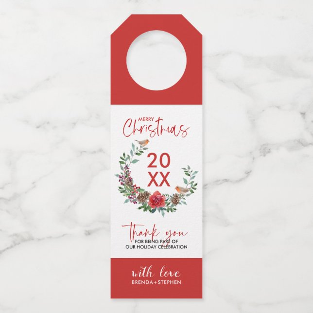 Red Robin & Flowers Christmas wreath Bottle Tag (Front)