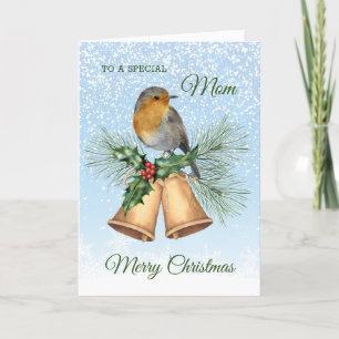 Red robin, holly, bells Mum Christmas Holiday Card