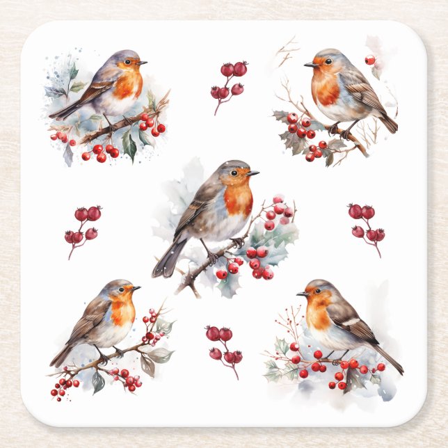 Red Robin Holly Christmas Square Paper Coaster (Front)
