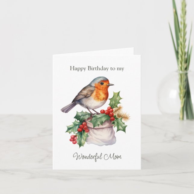 Red Robin Holly Mum Birthday Folded Greeting Card (Front)