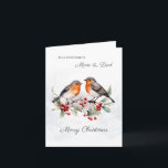 Red Robin Holly Mum & Dad Christmas Card<br><div class="desc">This design features a watercolor illustration of red- breasted Robin perched on a branch of holly. You can adjust text according to your requirements.</div>